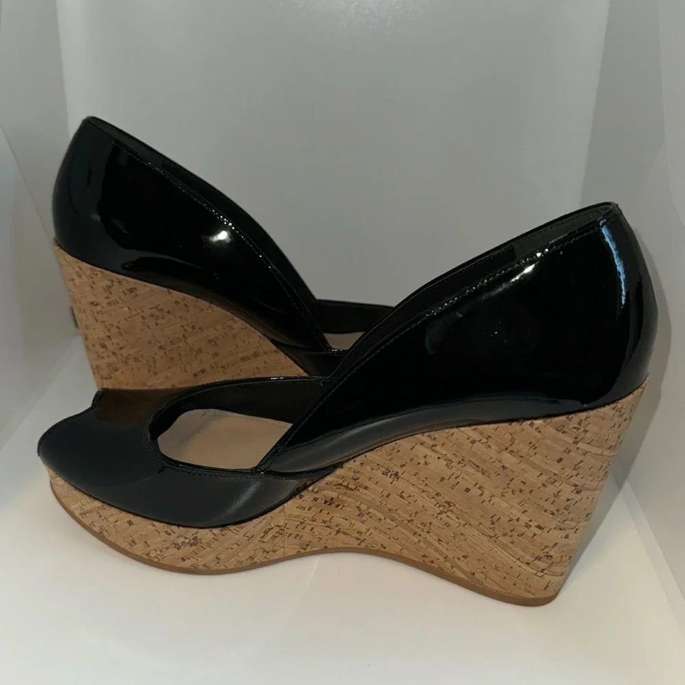 Via Spiga Black Patent Leather & Cork Platform Wedges Peep Toe Women’s 8